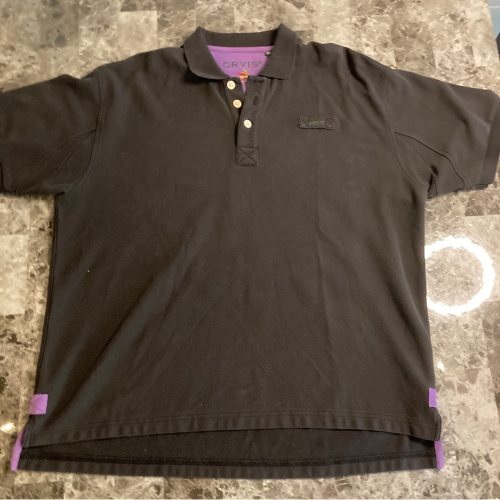 Vintage Orvis Mens The Signature Polo Shirt XL Black Cotton Short Sleeve 1173